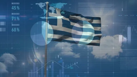 Animation of financial data processing with flag of greece over sky with clouds Stock Footage 307470792