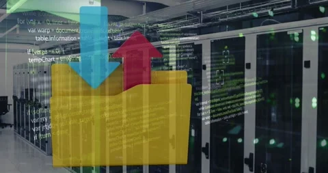 Animation of financial data processing with folder icon over computer servers Stock Footage 326408968