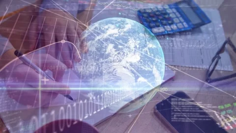 Animation of financial data processing, globe and binary coding over man writing Stock Footage 229830605