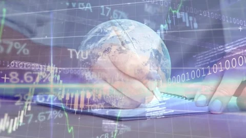 Animation of financial data processing, globe and binary coding over man writing Stock Footage 329223044