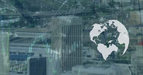 Animation of financial data processing with globe and world map over cityscape Stock Footage 329560901