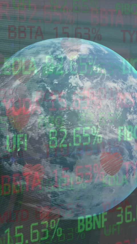 Animation of financial data processing with globe and heart icons on green Stock Footage 341976663