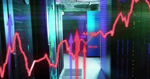 Animation of financial data processing with graph and arrows over server room 스톡 동영상 204762828