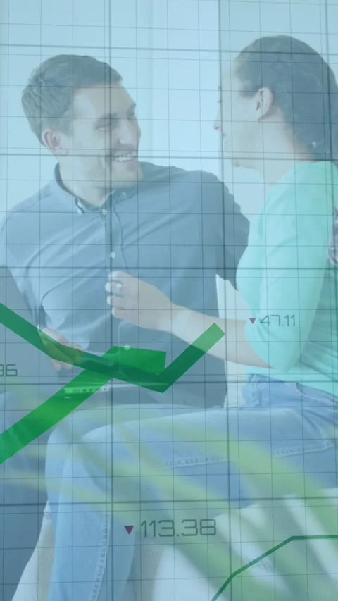 Animation of financial data processing with green lines and statistics over Stock Footage 341976559