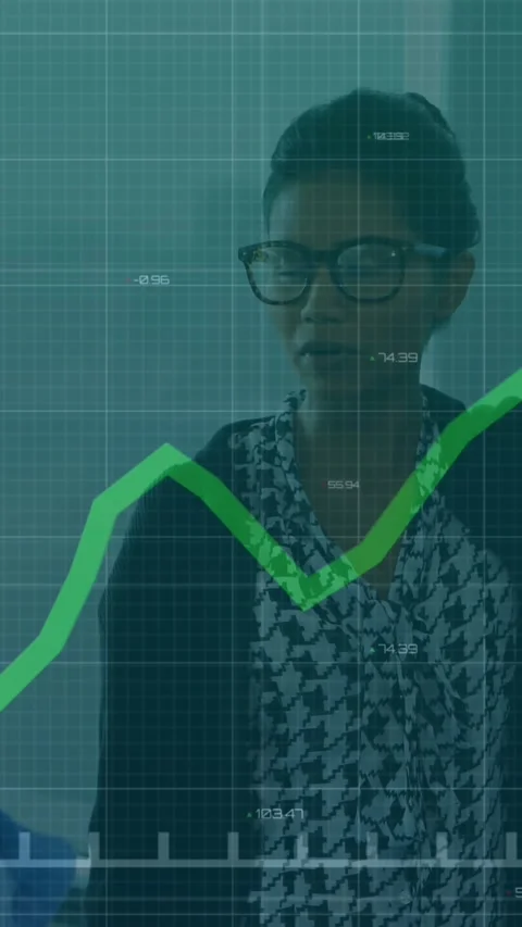 Animation of financial data processing with green line over business people Stock Footage 344284077