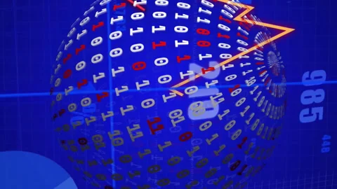 Animation of financial data processing on grid and globe with binary coding on Stock Footage 315432421