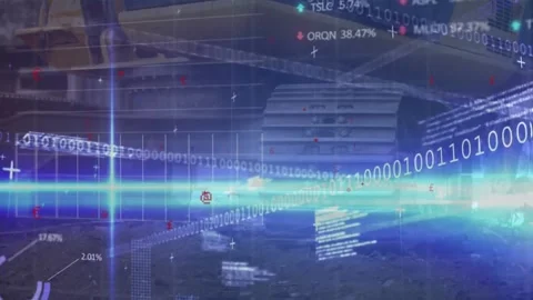 Animation of financial data processing with icons over building site Vídeos de archivo 229829851