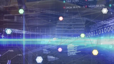 Animation of financial data processing with icons over building site Vídeos de archivo 330115644