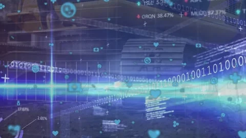 Animation of financial data processing with icons over building site Vídeos de archivo 330344383
