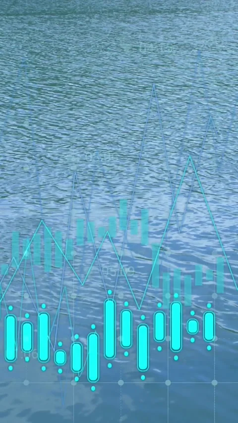 Animation of financial data processing with icons over water Stock Footage 344678501