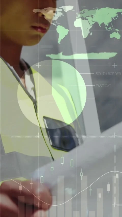 Animation of financial data processing male architect using tablet Stock Footage 343027656