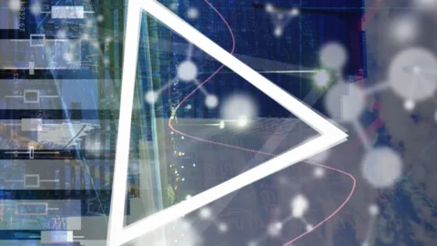Animation of financial data processing, molecules and triangle over cityscape Stock Footage 313001768
