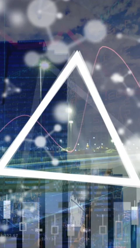 Animation of financial data processing, molecules and triangle over cityscape Stock Footage 321719584