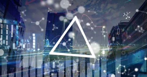 Animation of financial data processing, molecules and triangle over cityscape Stock Footage 328520110