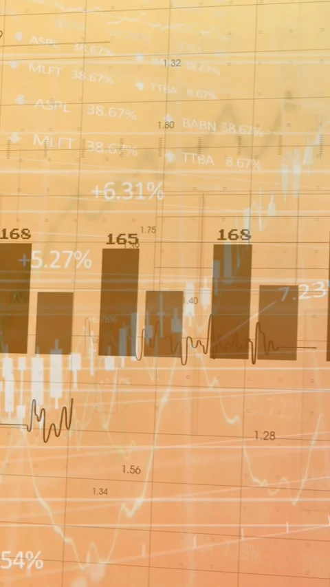 Animation of financial data processing on orange background Stock Footage 324434247