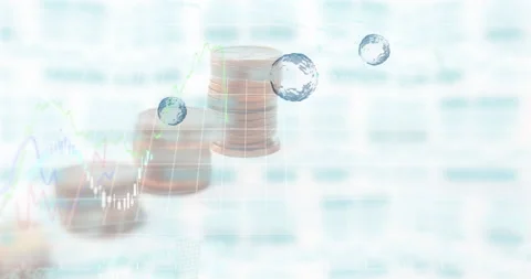 Animation of financial data processing over stacks of coins Stock Footage 149766241