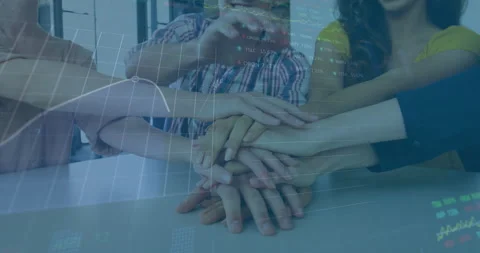 Animation of financial data processing over office colleagues stacking hands Stock Footage 151930988