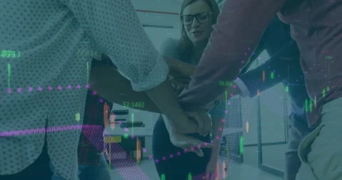Animation of financial data processing over office colleagues stacking hands Stock Footage 151980517