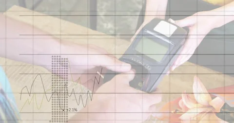 Animation of financial data processing over person typing pin number on payment Stock Footage 152167496