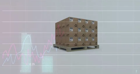 Animation of financial data processing over stack of cardboard boxes in Stock Footage 152474492