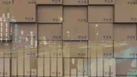 Animation of financial data processing over stack of cardboard boxes Stock Footage 157674216