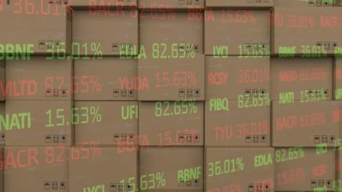 Animation of financial data processing over stack of cardboard boxes Stock Footage 157674270