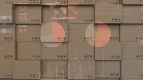 Animation of financial data processing over stack of cardboard boxes Stock Footage 157674297