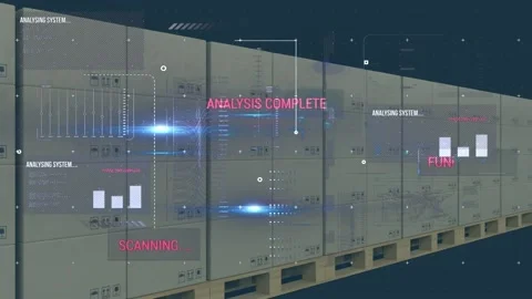 Animation of financial data processing over cardboard boxes on conveyor belt Stock Footage 157674736