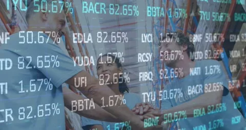 Animation of financial data processing over men and woman hand stacking in Stock Footage 159486400