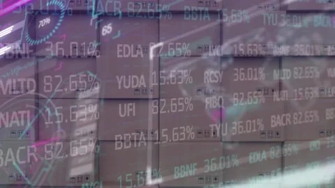 Animation of financial data processing over stack of cardboard boxes Stock Footage 159967583