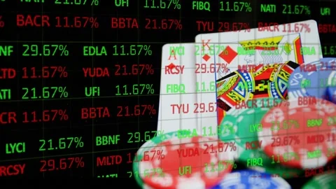 Animation of financial data processing over stacks of casino game chips and Stock Footage 161490449