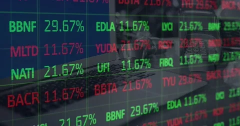 Animation of financial data processing over laptop and payment terminal Stock Footage 162899785