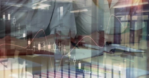 Animation of financial data processing over business people in meeting Video stock 166222803