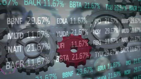 Animation of financial data processing over moving cogs Stock Footage 170010703