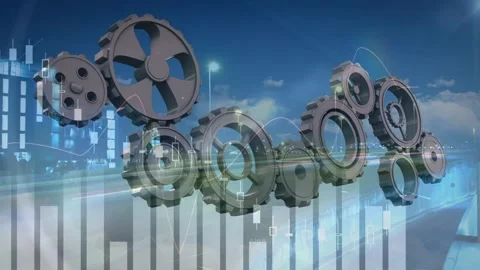 Animation of financial data processing over clouds and moving cogs Stock Footage 170010709