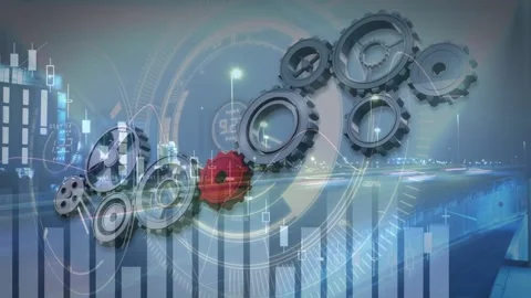 Animation of financial data processing over cityscape and moving cogs Stock Footage 170010712