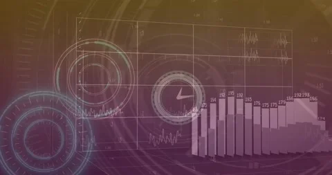 Animation of financial data processing over moving clock Stock Footage 170770395