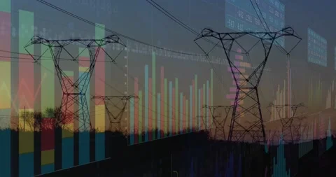 Animation of financial data processing over electricity pylons and landscape Stock Footage 170770819