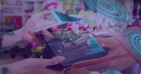 Animation of financial data processing over people using payment terminal Stock Footage 196261235