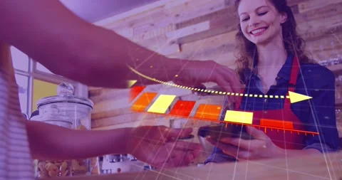 Animation of financial data processing over people using payment terminal Stock Footage 196261243