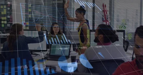 Animation of financial data processing over diverse group of business people Stock Footage 199374625