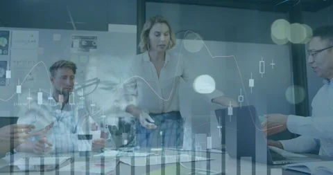 Animation of financial data processing over diverse group of business people Stock Footage 200805161
