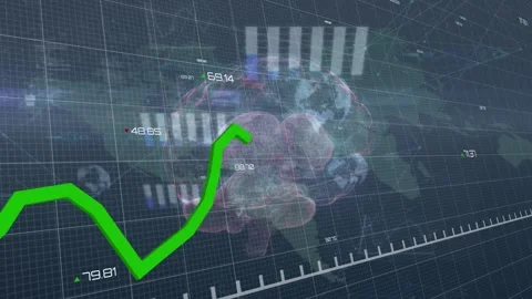 Animation of financial data processing over digital brain and world map on black Stock Footage 208413766