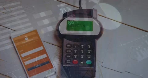 Animation of financial data processing over smartphone and payment terminal Stock Footage 209493914