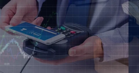 Animation of financial data processing over man with smartphone and payment Stock Footage 209493974