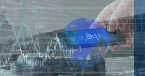 Animation of financial data processing over man with smartphone and payment Stock Footage 209493978