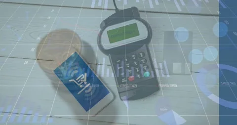 Animation of financial data processing over smartphone and payment terminal Stock Footage 209494010