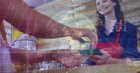 Animation of financial data processing over people using smartphone and payment Stock Footage 219030044