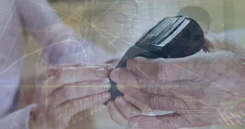 Animation of financial data processing over people using smartphone and payment Stock Footage 219030060