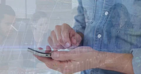 Animation of financial data processing over people using smartphone and payment Stock Footage 219030074